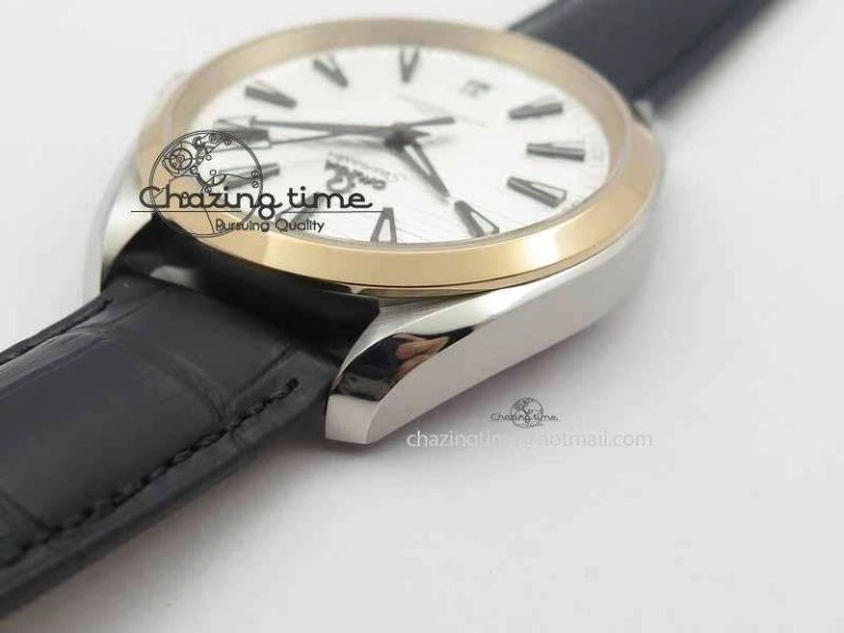 Stretchable 2017 Aqua Terra SS RG XF Best Edition White Textured Dial On Black Leather Strap A 8157