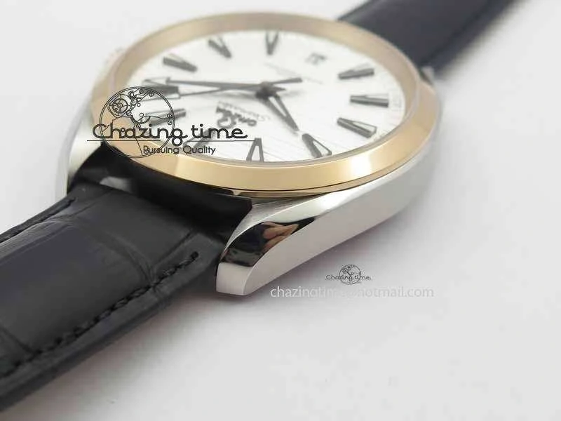 Stretchable 2017 Aqua Terra SS RG XF Best Edition White Textured Dial On Black Leather Strap A 8157