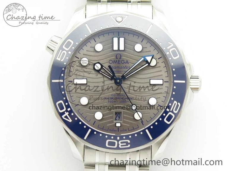 Refined 2018 Seamaster Diver 300M OMF Best Edition Blue Ceramic Gray Dial on SS Bracelet A8800 (Black Balance Wheel) 7958