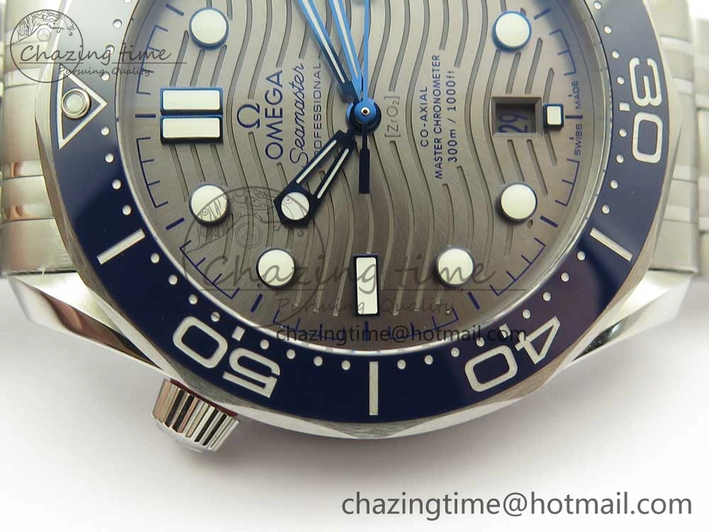 Refined 2018 Seamaster Diver 300M OMF Best Edition Blue Ceramic Gray Dial on SS Bracelet A8800 (Black Balance Wheel) 7958