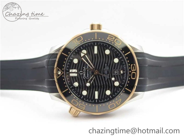 2018 Seamaster Diver 300M SS RG VSF 1:1 Best Edition RG Bezel Black Dial on Black Rubber Strap A AllSeason 7944
