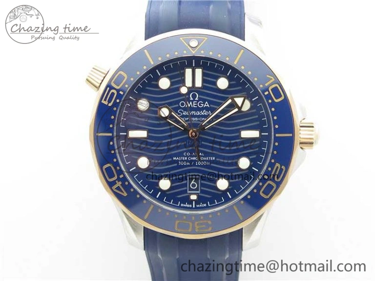 Elegant 2018 Seamaster Diver 300M SS RG VSF 1:1 Best Edition RG Bezel Blue Dial on Blue Rubber Strap A 7927