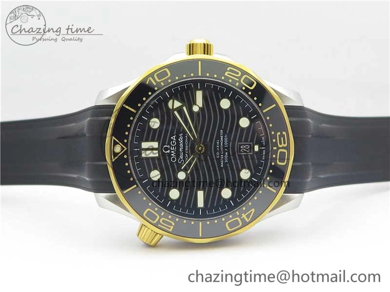 Refined 2018 Seamaster Diver 300M SS YG VSF 1:1 Best Edition YG Bezel Black Dial on Black Rubber Strap A 7934