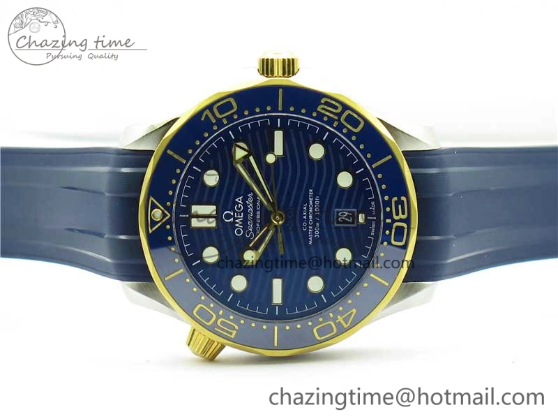 2018 Seamaster Diver 300M SS YG VSF 1:1 Best Edition YG Bezel Blue Dial on Blue Rubber Strap A Attractive 7898