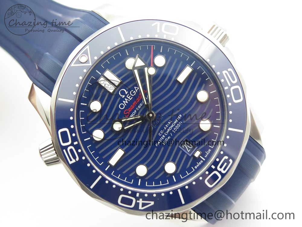 Minimalist 2018 Seamaster Diver 300M VSF 1:1 Best Edition Blue Ceramic Blue Dial on Blue Rubber Strap A8800 V2 (Black Balance Wheel) 7961