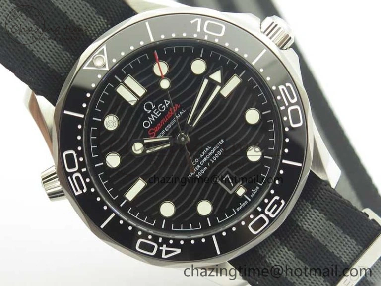 FlexibleFit 2018 Seamaster Diver 300M VSF Best Edition Black Ceramic Dial on Black Gray Nato Strap A 8057