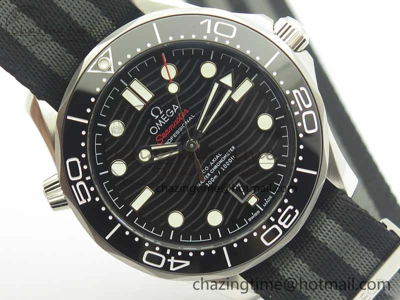 FlexibleFit 2018 Seamaster Diver 300M VSF Best Edition Black Ceramic Dial on Black Gray Nato Strap A 8057