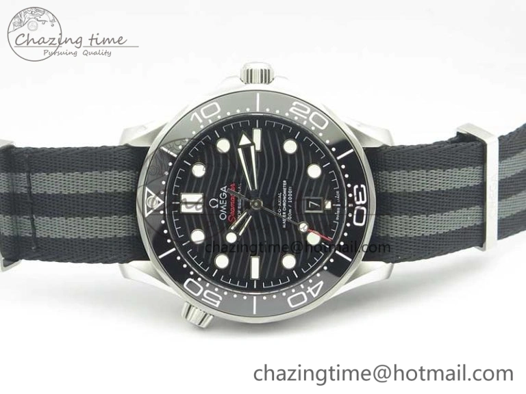 FlexibleFit 2018 Seamaster Diver 300M VSF Best Edition Black Ceramic Dial on Black Gray Nato Strap A 8057