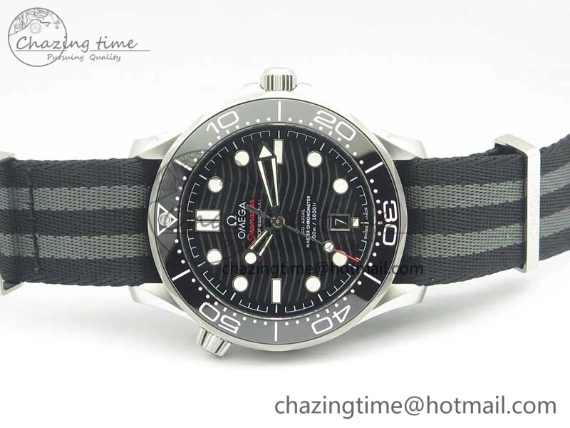 FlexibleFit 2018 Seamaster Diver 300M VSF Best Edition Black Ceramic Dial on Black Gray Nato Strap A 8057