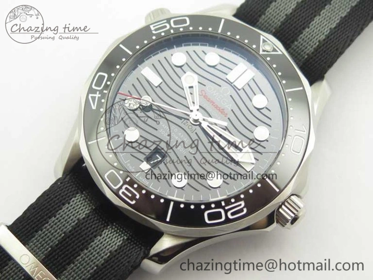 FlexibleFit 2018 Seamaster Diver 300M VSF Best Edition Black Ceramic Dial on Black Gray Nato Strap A 8057