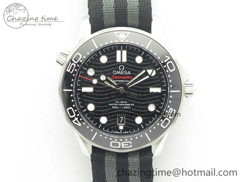 FlexibleFit 2018 Seamaster Diver 300M VSF Best Edition Black Ceramic Dial on Black Gray Nato Strap A 8057