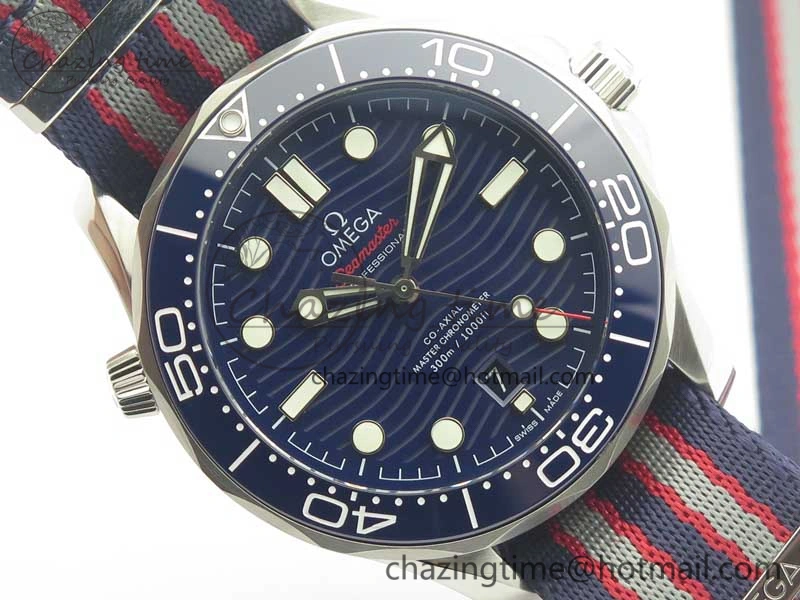 Youthful 2018 Seamaster Diver 300M VSF Best Edition Blue Ceramic Dial on Blue Red Gray Nato Strap A 8034