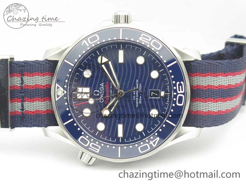 Youthful 2018 Seamaster Diver 300M VSF Best Edition Blue Ceramic Dial on Blue Red Gray Nato Strap A 8034