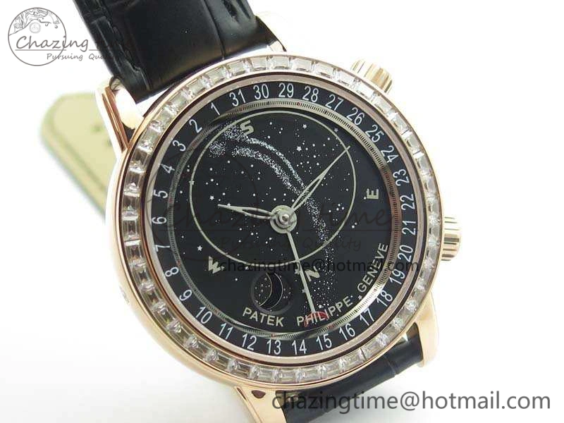 6102P Moon RG Black Dial Diamond Bezel On Leather Strap A Practical 9009