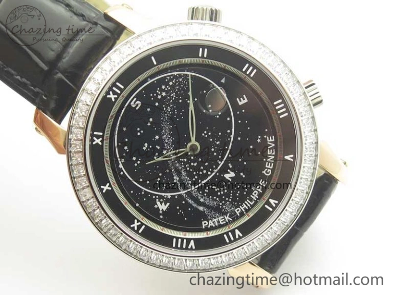 6104P Moon RG Diamond Bezel Black Dial on Black Leather Strap A240 V Tailored 8985