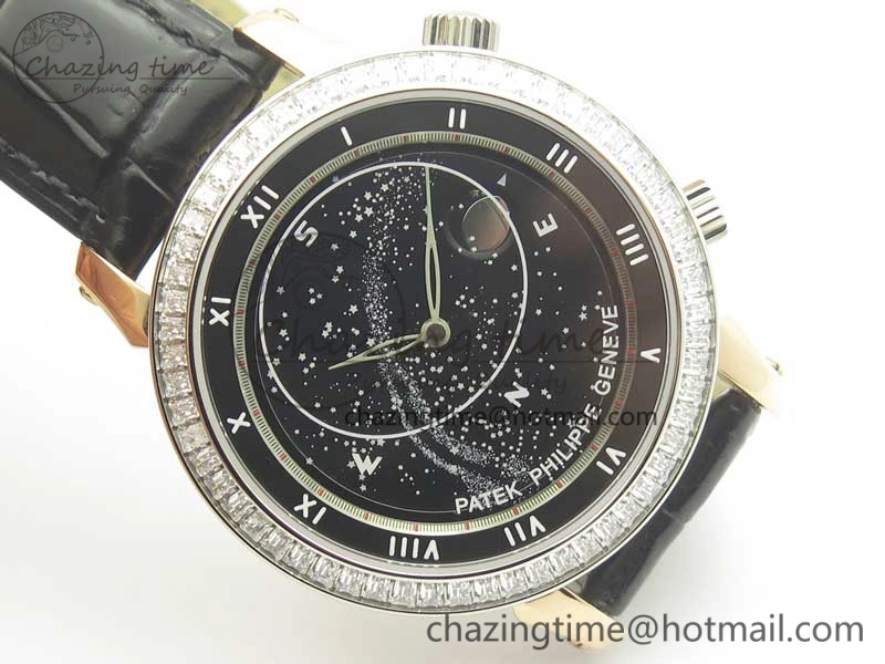 6104P Moon RG Diamond Bezel Black Dial on Black Leather Strap A240 V Tailored 8985