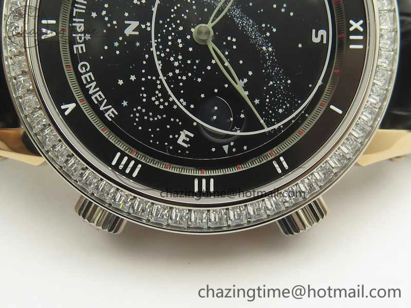 6104P Moon RG Diamond Bezel Black Dial on Black Leather Strap A240 V Tailored 8985