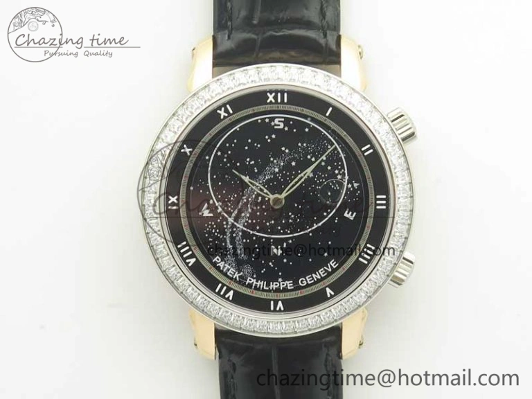 6104P Moon RG Diamond Bezel Black Dial on Black Leather Strap A240 V Tailored 8985