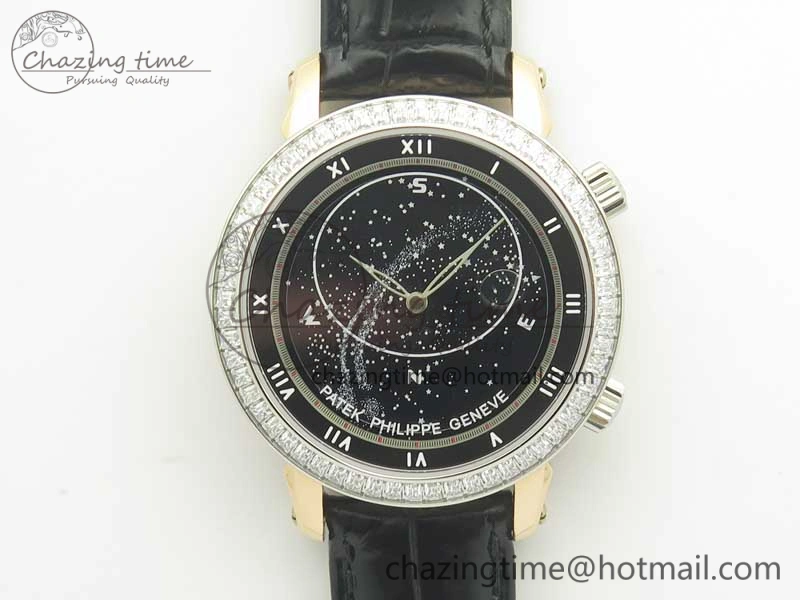 6104P Moon RG Diamond Bezel Black Dial on Black Leather Strap A240 V Tailored 8985