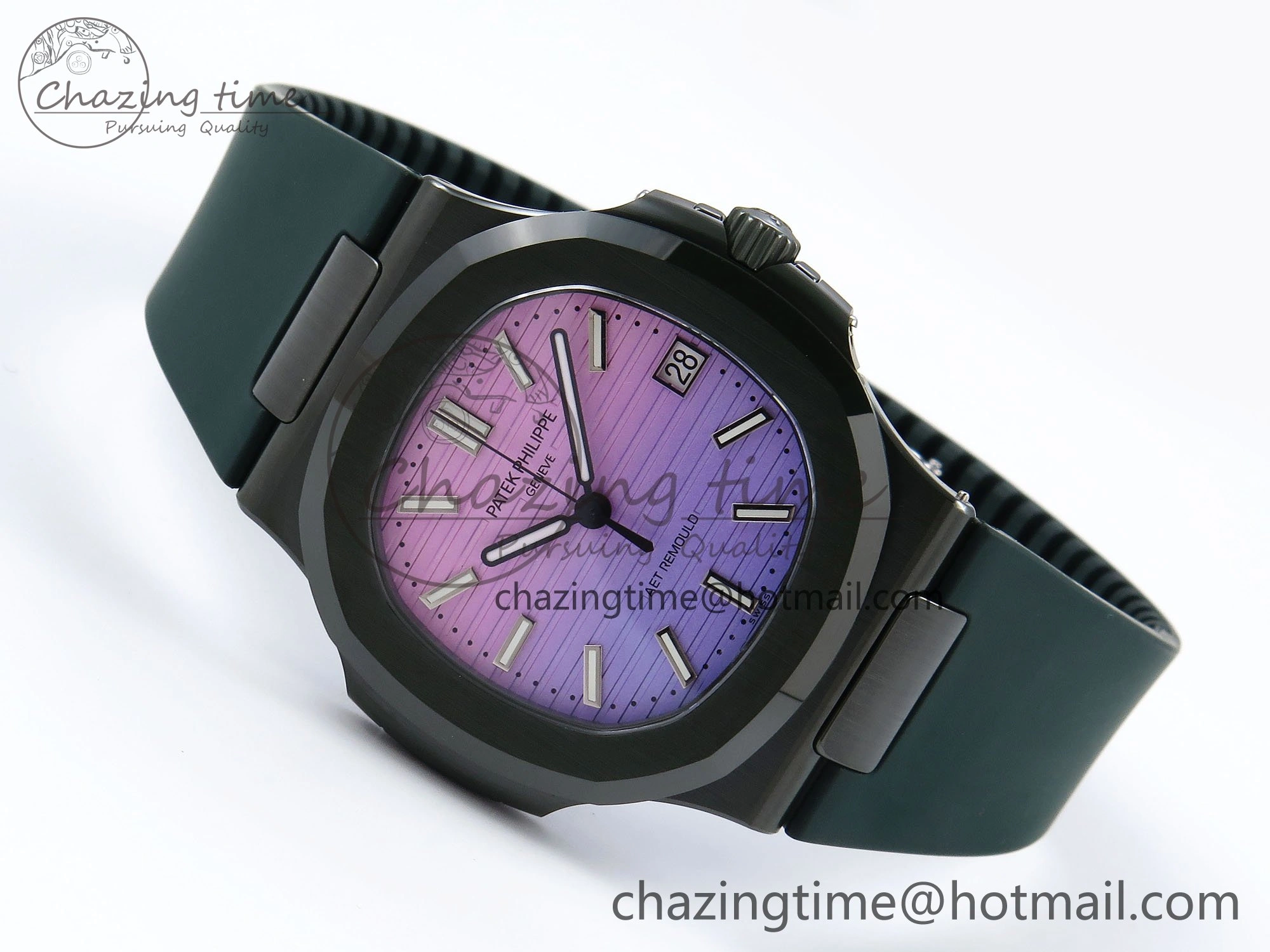 AET Nautilus 5711 Green Ceramic AMGF Best Edition Purple Pink Dial on Green Rubber Strap MIYOTA Neat 8758