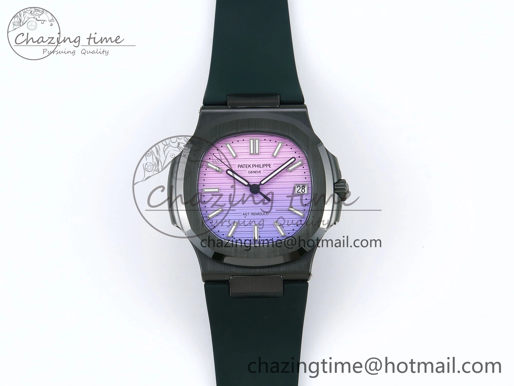 AET Nautilus 5711 Green Ceramic AMGF Best Edition Purple Pink Dial on Green Rubber Strap MIYOTA Neat 8758
