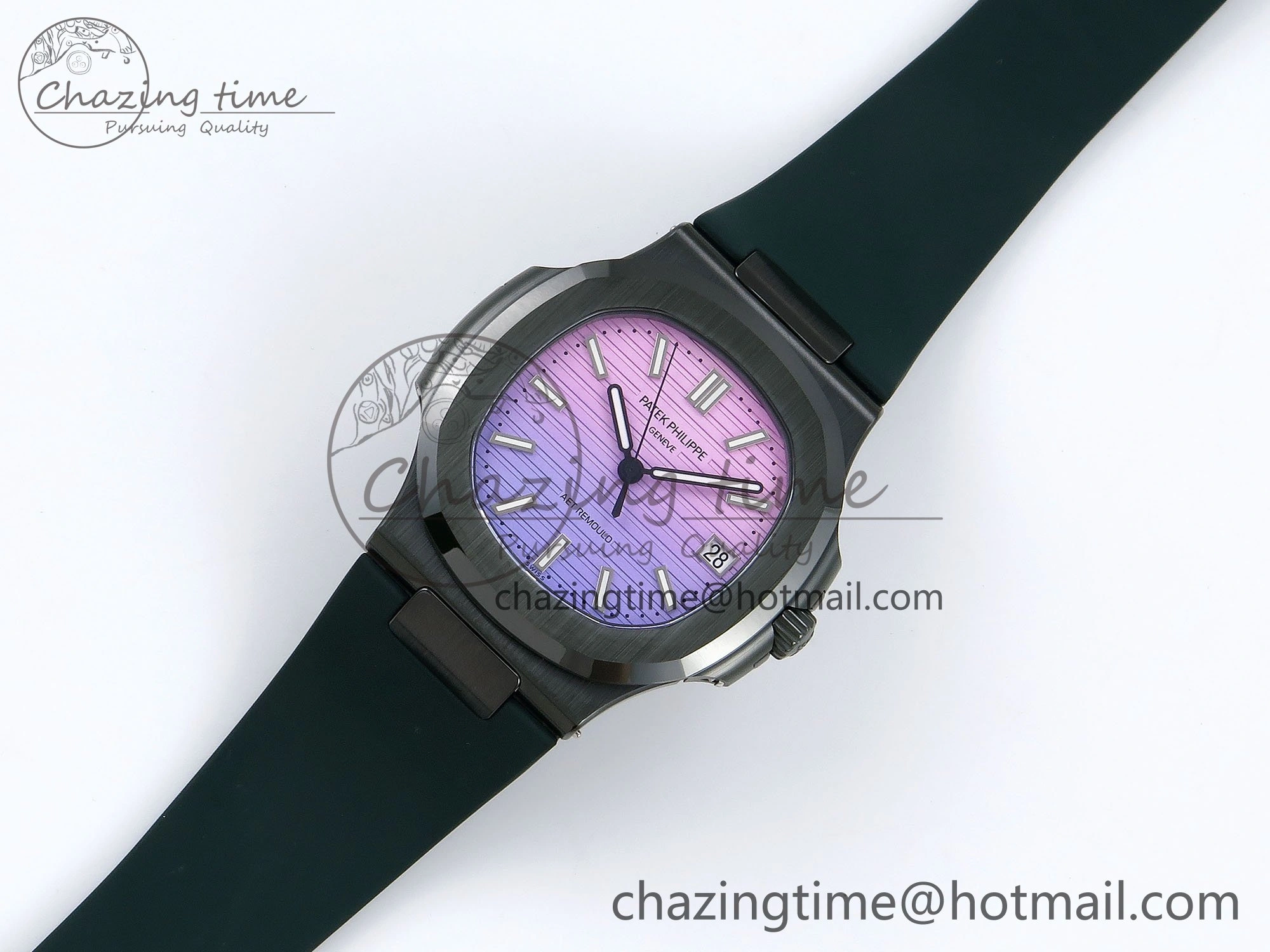 AET Nautilus 5711 Green Ceramic AMGF Best Edition Purple Pink Dial on Green Rubber Strap MIYOTA Neat 8758