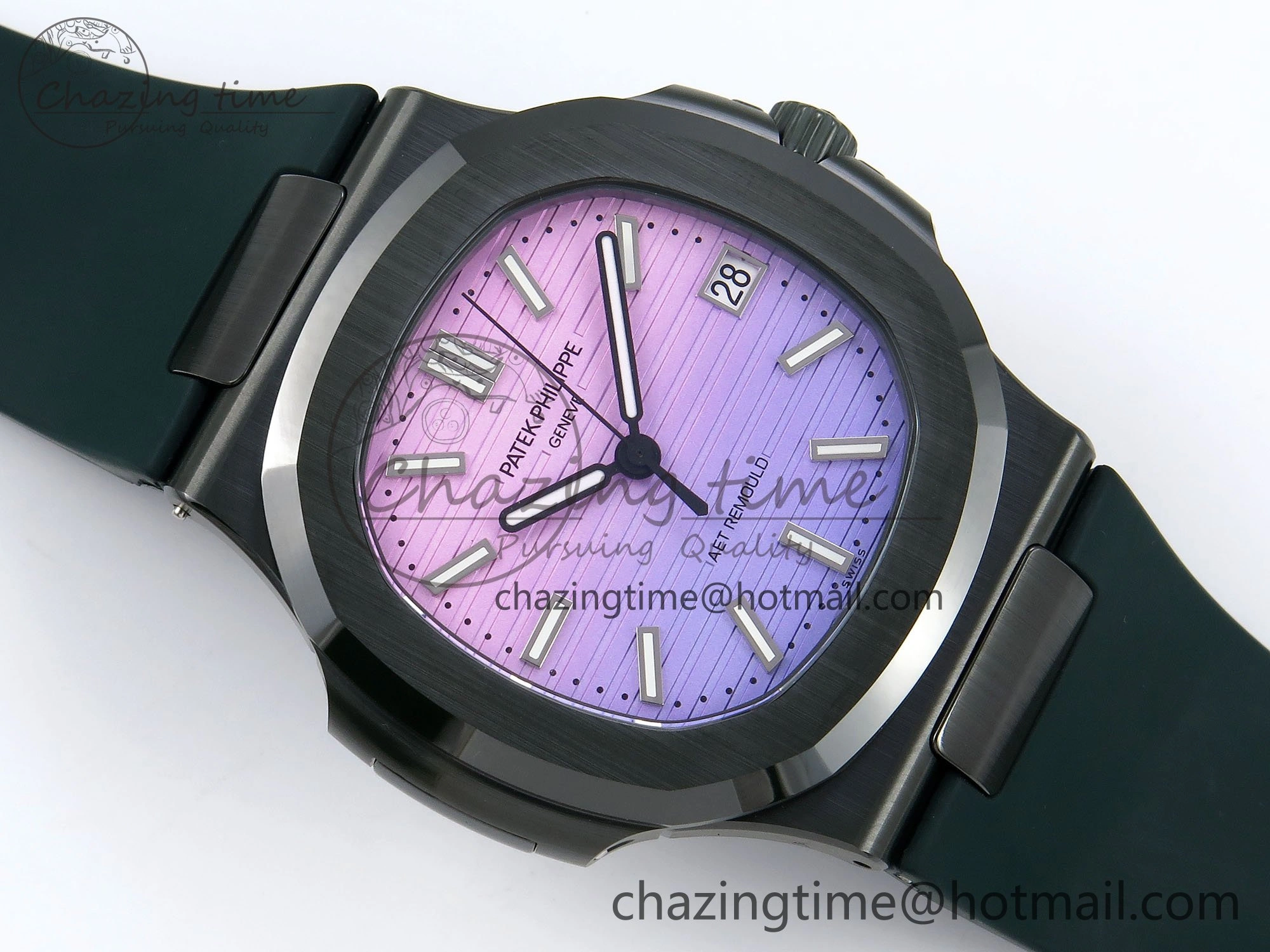 AET Nautilus 5711 Green Ceramic AMGF Best Edition Purple Pink Dial on Green Rubber Strap MIYOTA Neat 8758