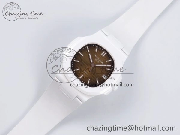 WeatherProof AET Nautilus 5711 White Ceramic AMGF Best Edition Brown Dial on White Rubber Strap MIYOTA 8745