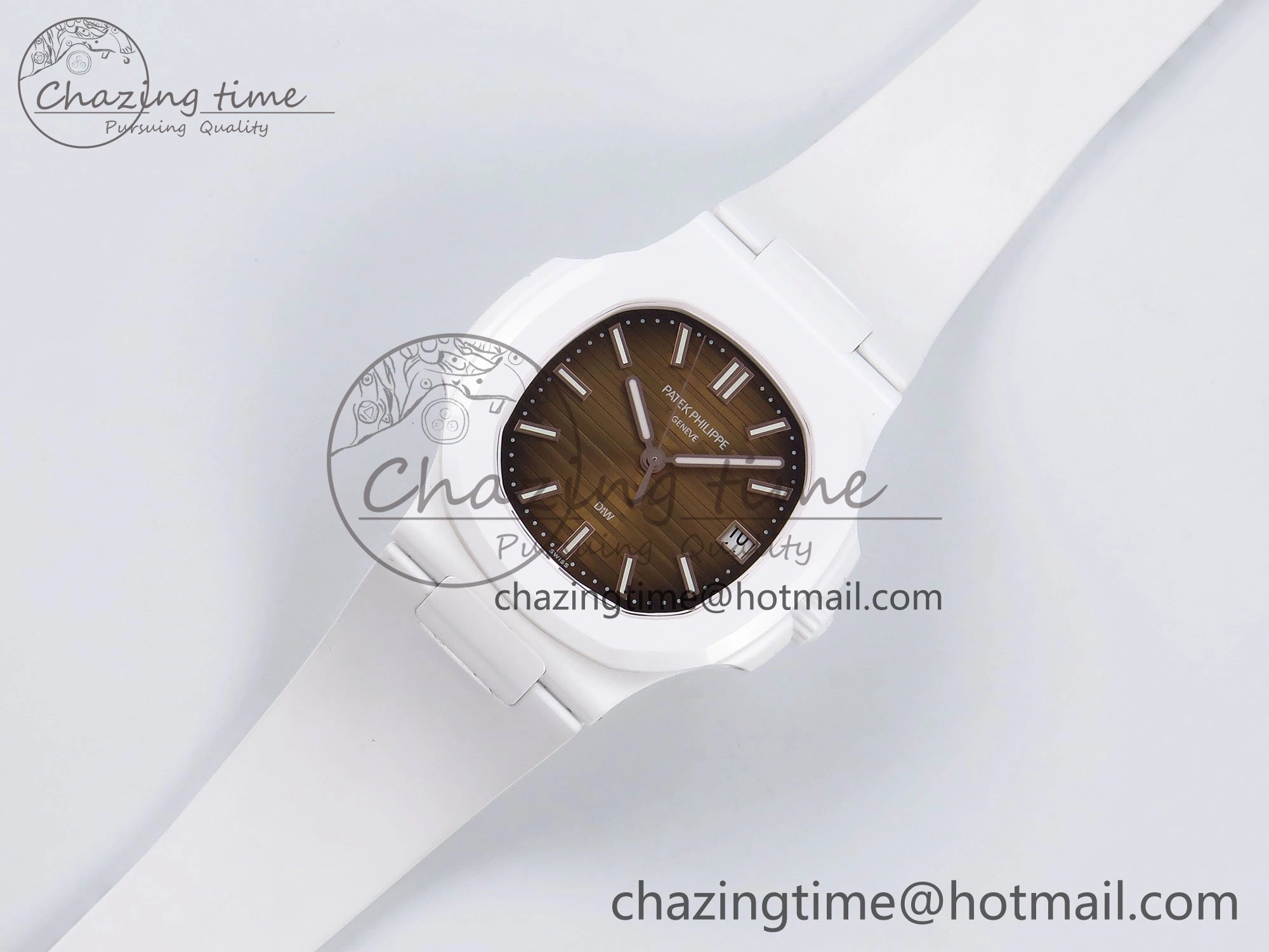 WeatherProof AET Nautilus 5711 White Ceramic AMGF Best Edition Brown Dial on White Rubber Strap MIYOTA 8745