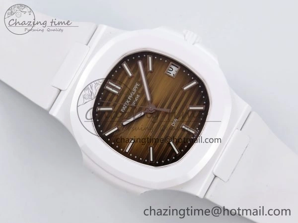 WeatherProof AET Nautilus 5711 White Ceramic AMGF Best Edition Brown Dial on White Rubber Strap MIYOTA 8745