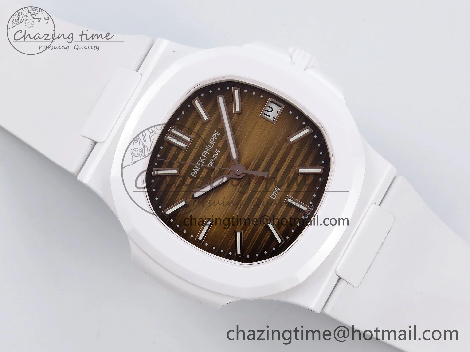 WeatherProof AET Nautilus 5711 White Ceramic AMGF Best Edition Brown Dial on White Rubber Strap MIYOTA 8745