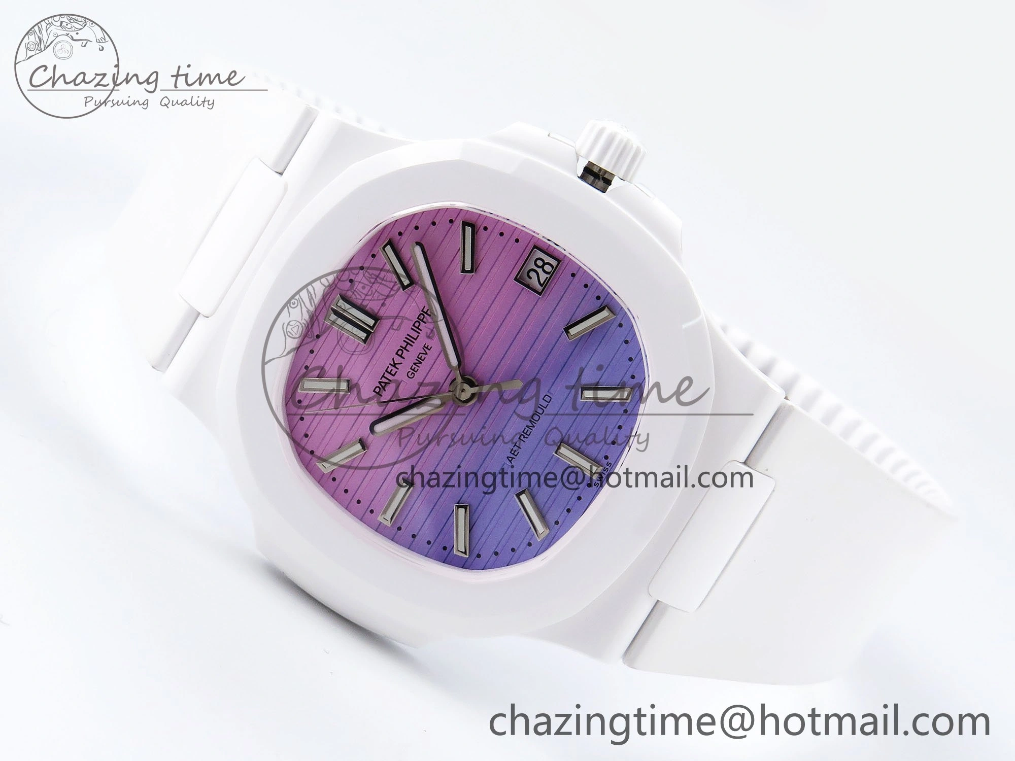 Colorful AET Nautilus 5711 White Ceramic AMGF Best Edition Purple Pink Dial on White Rubber Strap MIYOTA 8748