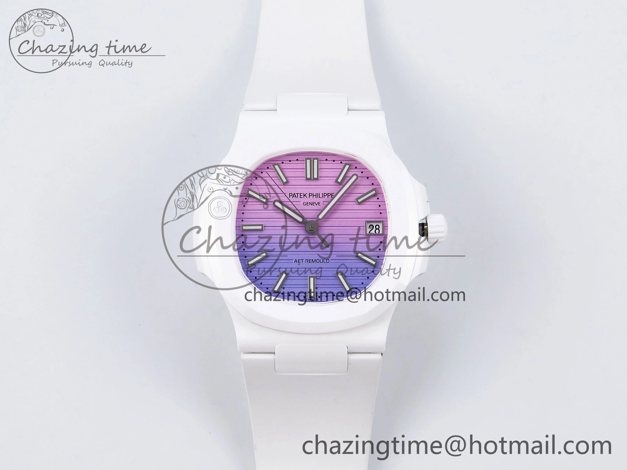 Colorful AET Nautilus 5711 White Ceramic AMGF Best Edition Purple Pink Dial on White Rubber Strap MIYOTA 8748