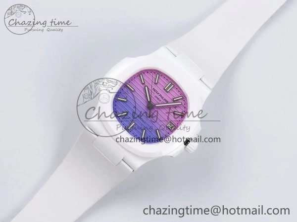 Colorful AET Nautilus 5711 White Ceramic AMGF Best Edition Purple Pink Dial on White Rubber Strap MIYOTA 8748