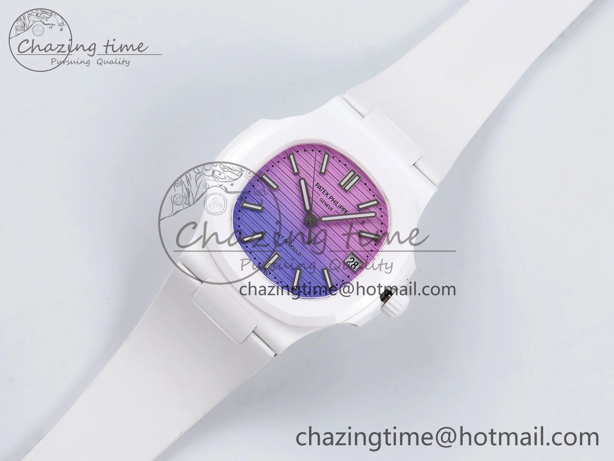 Colorful AET Nautilus 5711 White Ceramic AMGF Best Edition Purple Pink Dial on White Rubber Strap MIYOTA 8748