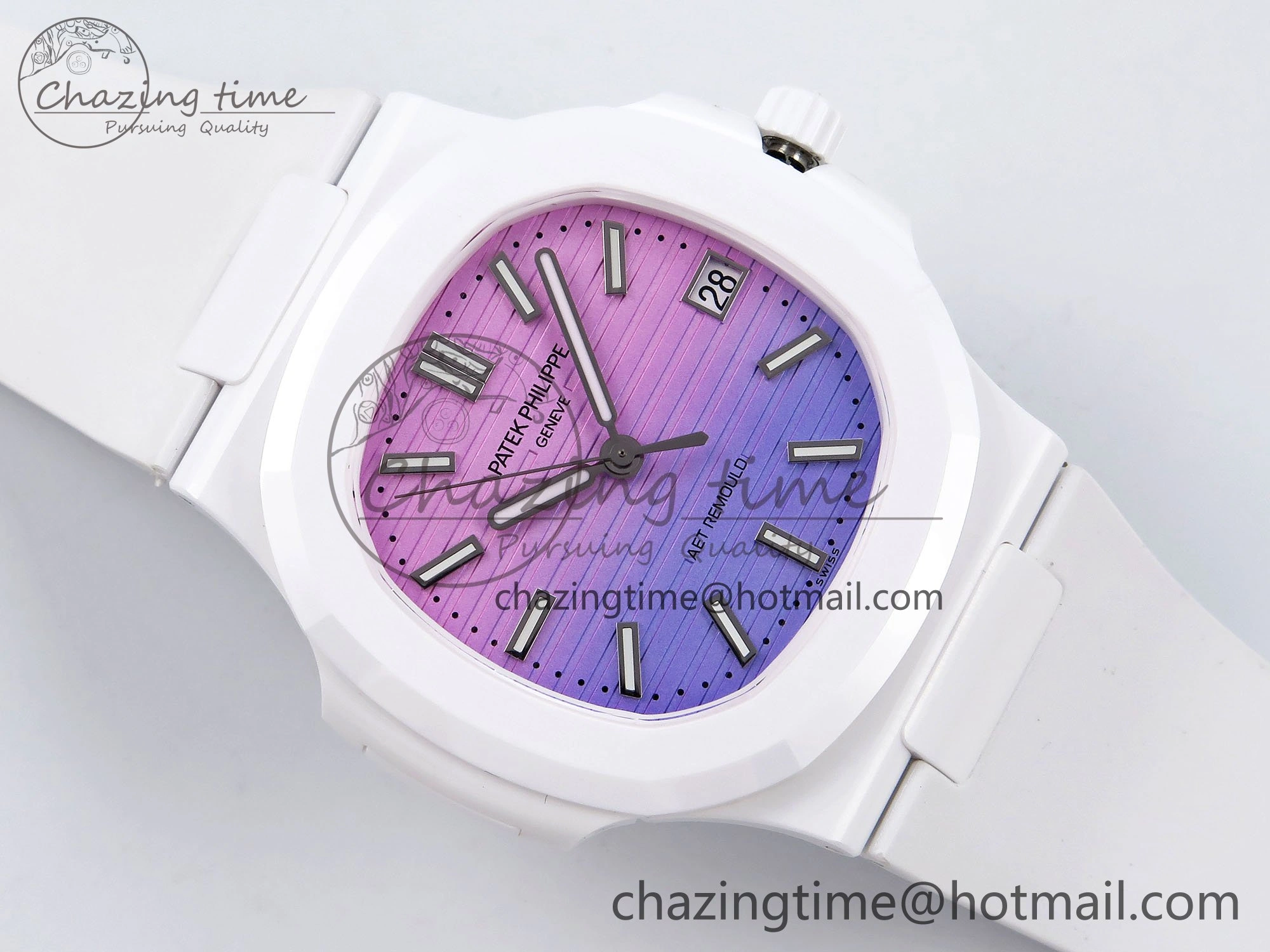 Colorful AET Nautilus 5711 White Ceramic AMGF Best Edition Purple Pink Dial on White Rubber Strap MIYOTA 8748
