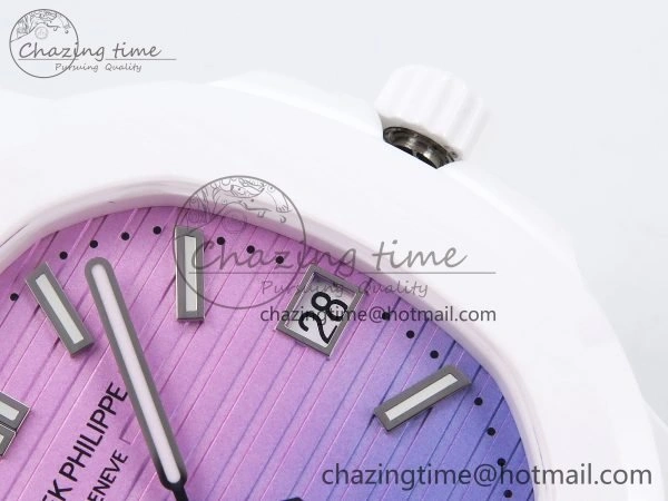 Colorful AET Nautilus 5711 White Ceramic AMGF Best Edition Purple Pink Dial on White Rubber Strap MIYOTA 8748