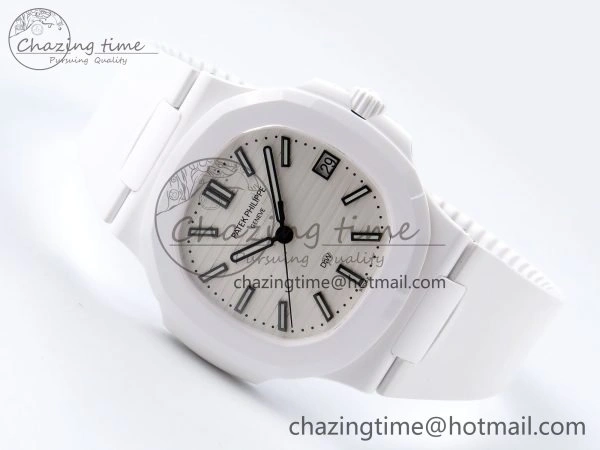 GoodFit AET Nautilus 5711 White Ceramic AMGF Best Edition White Dial on White Rubber Strap MIYOTA 8751