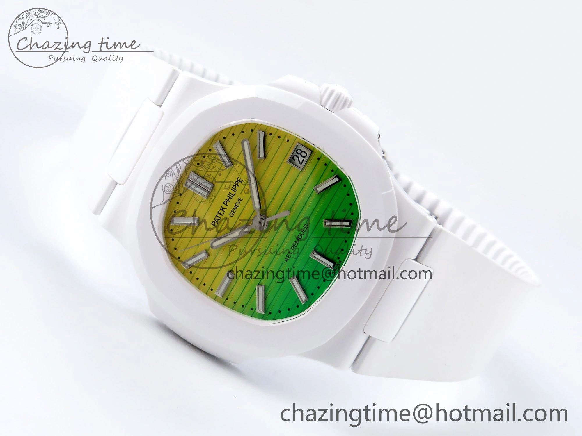 Stylish AET Nautilus 5711 White Ceramic AMGF Best Edition Yellow Green Dial on White Rubber Strap MIYOTA 8749