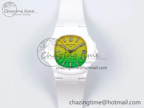 Stylish AET Nautilus 5711 White Ceramic AMGF Best Edition Yellow Green Dial on White Rubber Strap MIYOTA 8749