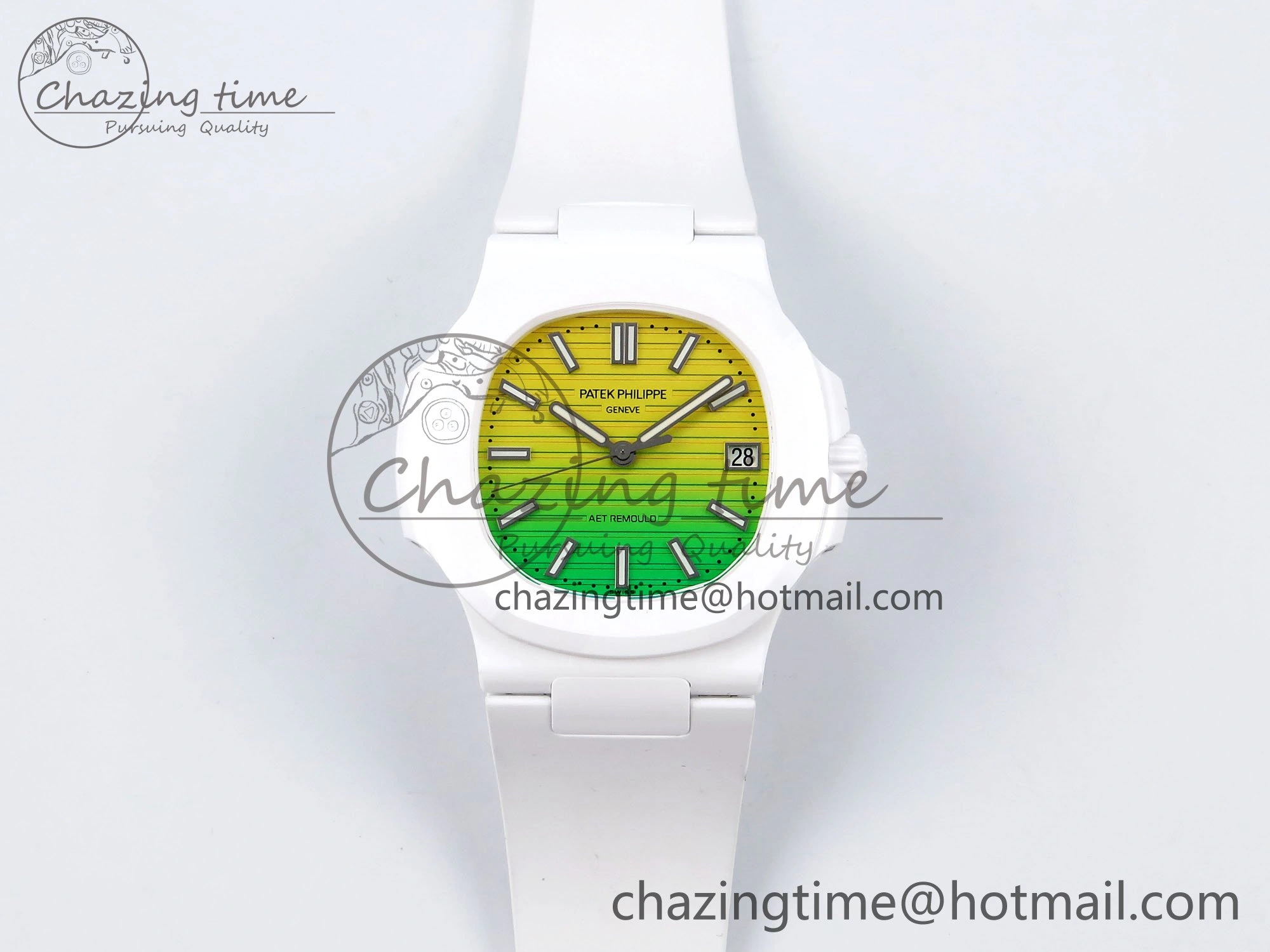Stylish AET Nautilus 5711 White Ceramic AMGF Best Edition Yellow Green Dial on White Rubber Strap MIYOTA 8749