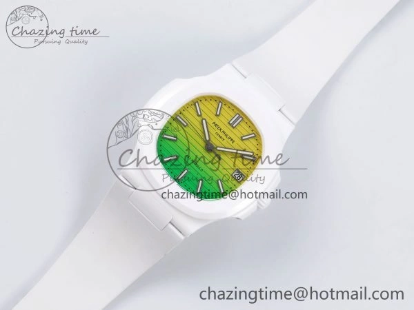 Stylish AET Nautilus 5711 White Ceramic AMGF Best Edition Yellow Green Dial on White Rubber Strap MIYOTA 8749