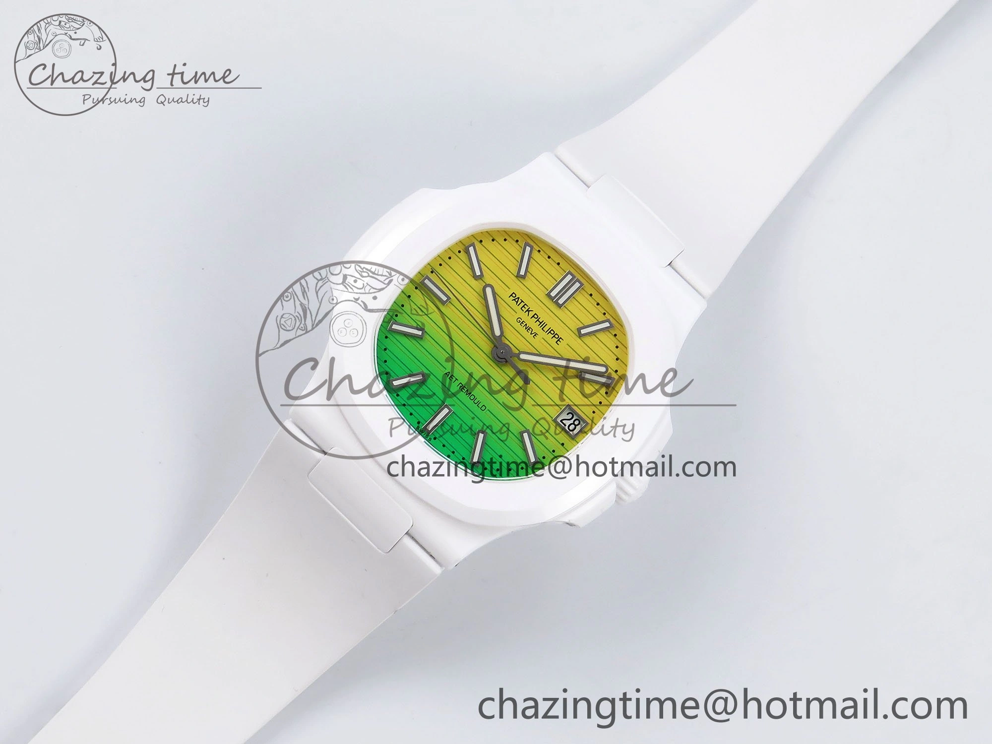 Stylish AET Nautilus 5711 White Ceramic AMGF Best Edition Yellow Green Dial on White Rubber Strap MIYOTA 8749