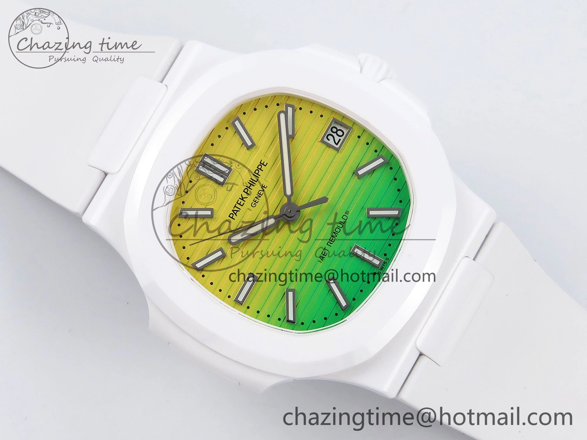 Stylish AET Nautilus 5711 White Ceramic AMGF Best Edition Yellow Green Dial on White Rubber Strap MIYOTA 8749