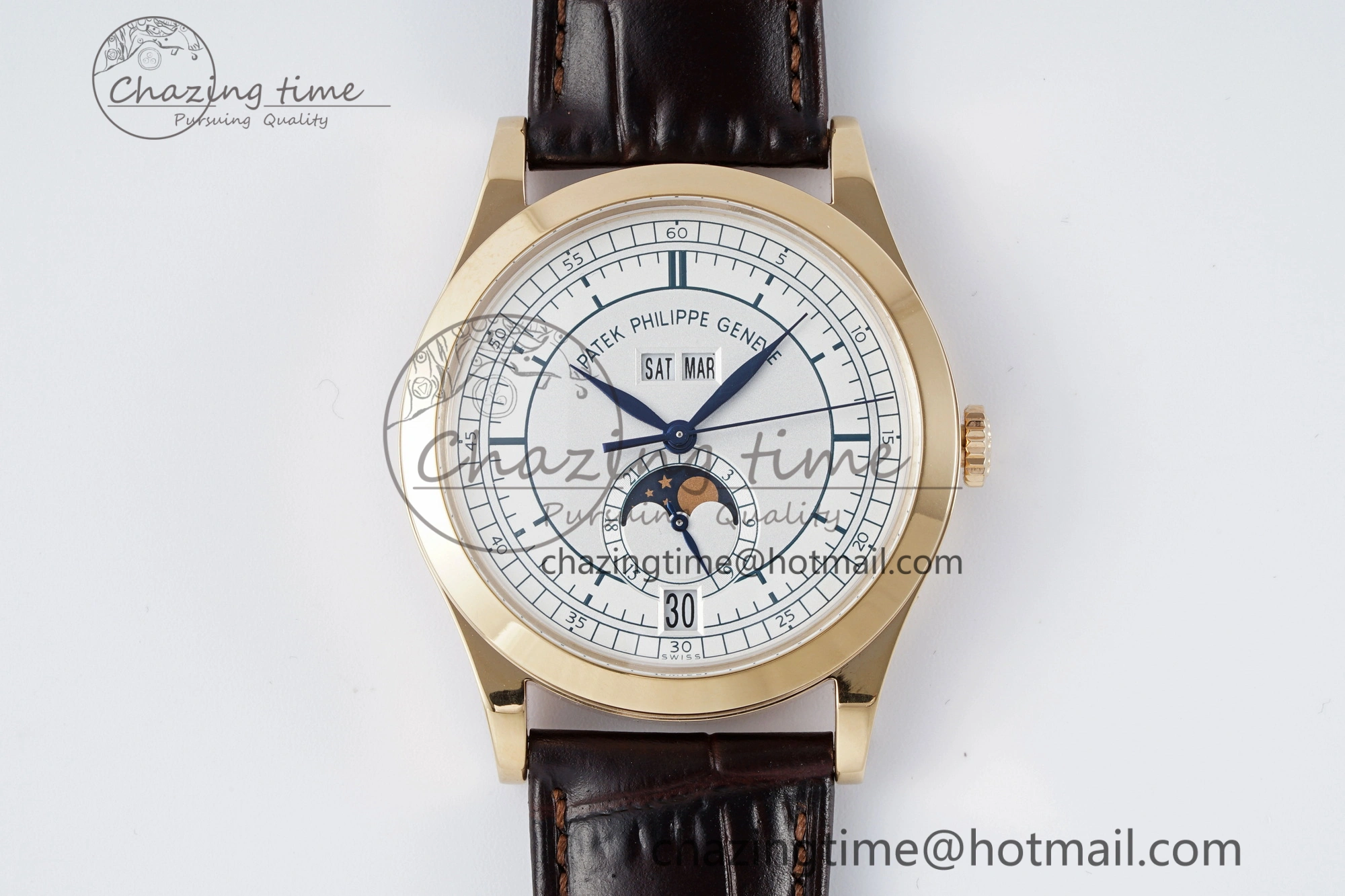 Refined Annual Calendar Moonphase 5396 RG ZF 1:1 Best Edition White Blue Dial on Brown Leather Strap A 8765