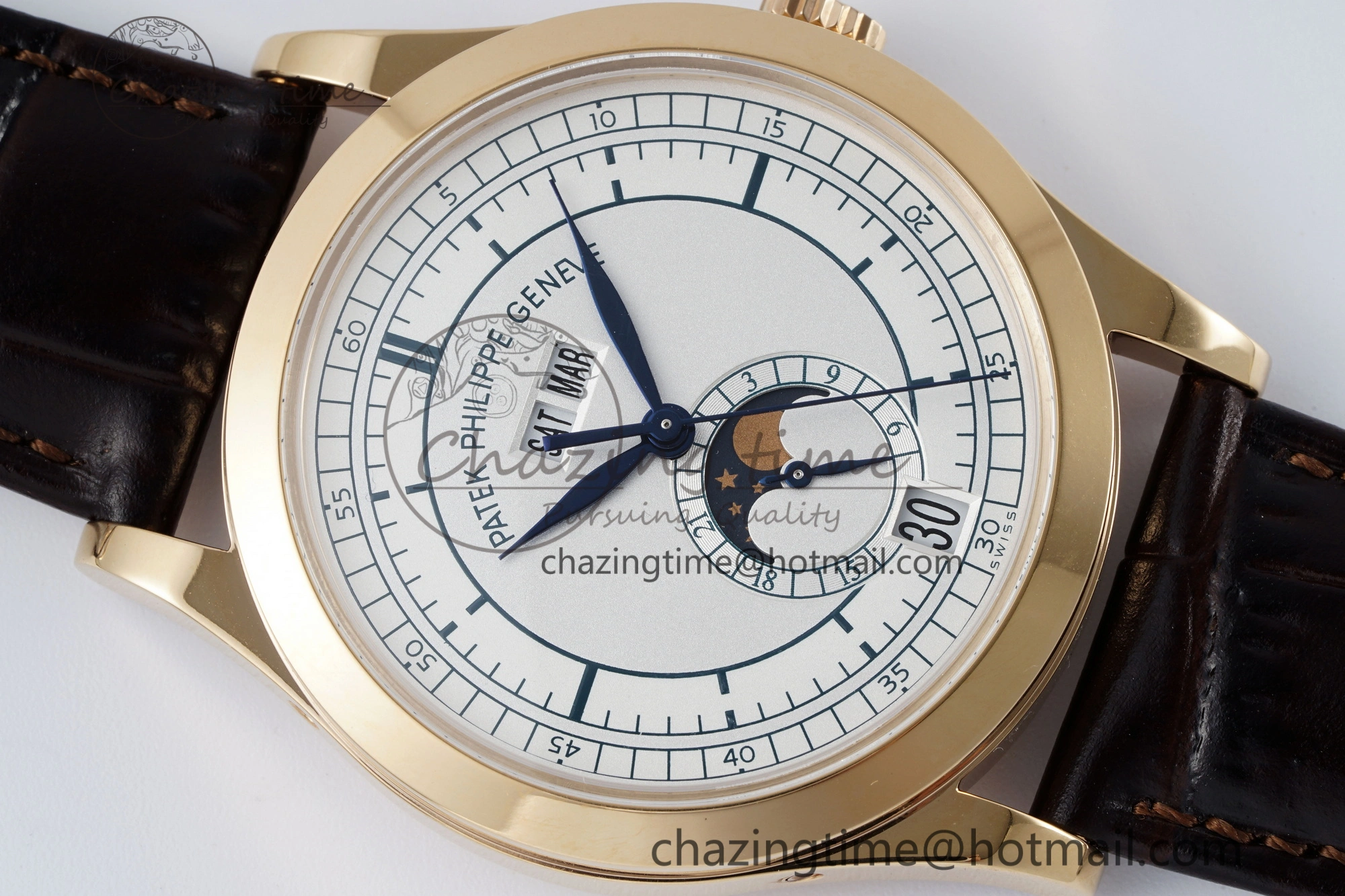 Refined Annual Calendar Moonphase 5396 RG ZF 1:1 Best Edition White Blue Dial on Brown Leather Strap A 8765