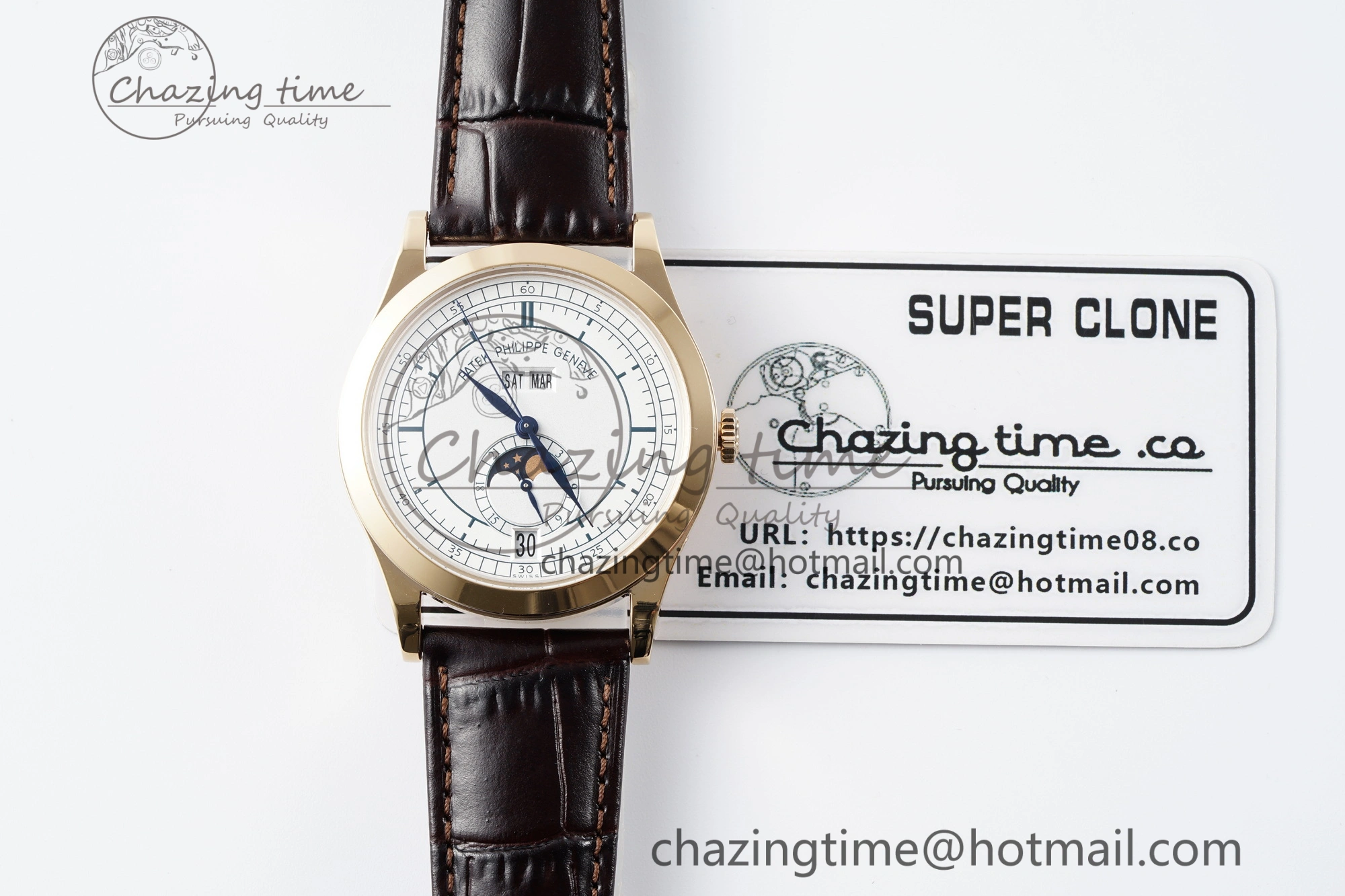 Refined Annual Calendar Moonphase 5396 RG ZF 1:1 Best Edition White Blue Dial on Brown Leather Strap A 8765