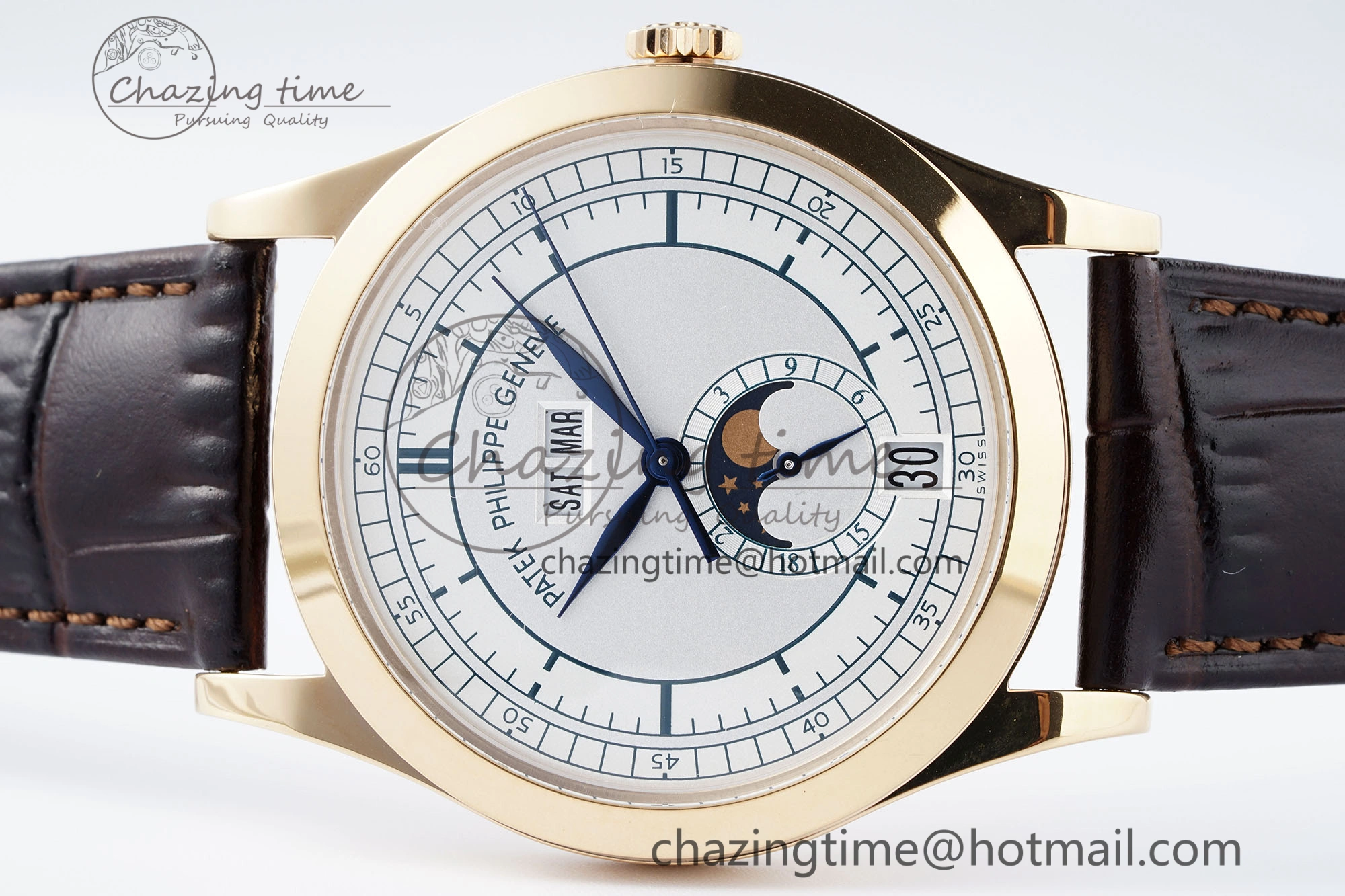 Refined Annual Calendar Moonphase 5396 RG ZF 1:1 Best Edition White Blue Dial on Brown Leather Strap A 8765