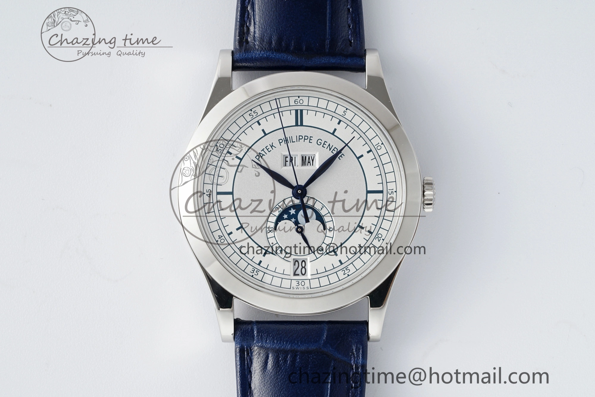 Stylish Annual Calendar Moonphase 5396 SS ZF 1:1 Best Edition White Blue Dial on Blue Leather Strap A 8822