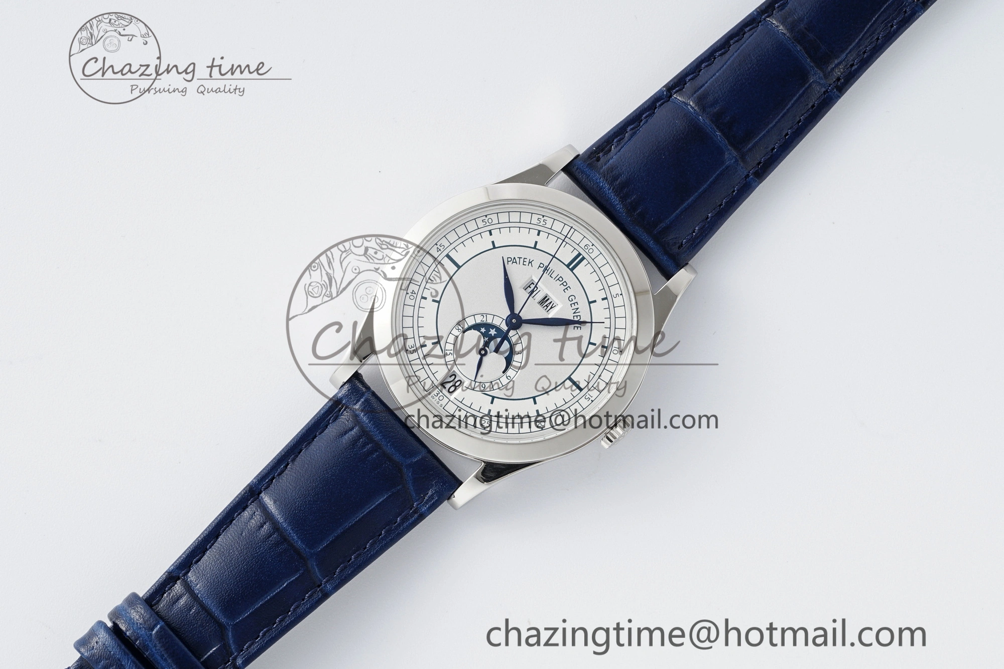 Stylish Annual Calendar Moonphase 5396 SS ZF 1:1 Best Edition White Blue Dial on Blue Leather Strap A 8822